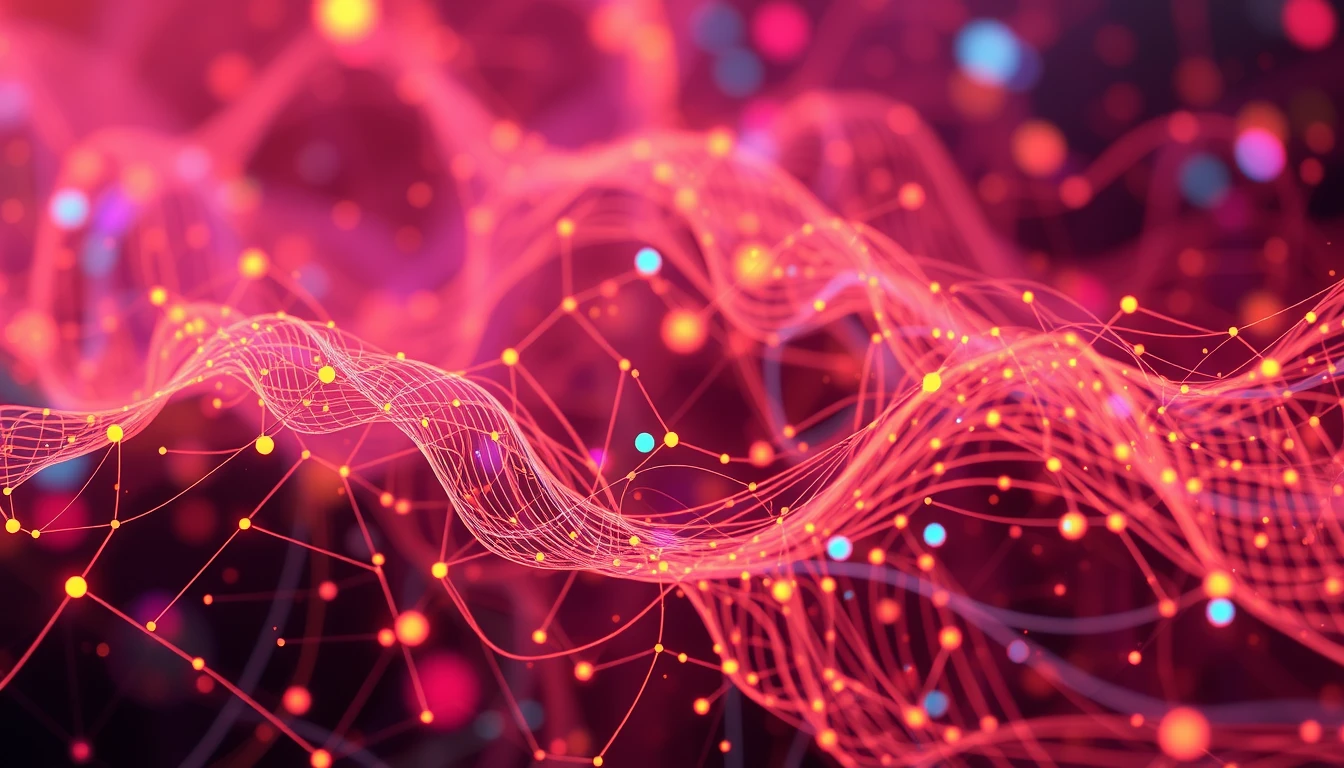 Visualización abstracta de redes neuronales generando notas musicales, colores vibrantes